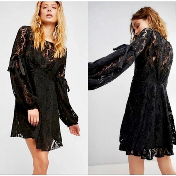 Free People Ruby Lace Mini Dress Balloon Sleeve Black BOHO Witchy Romantic Goth - Picture 2 of 16